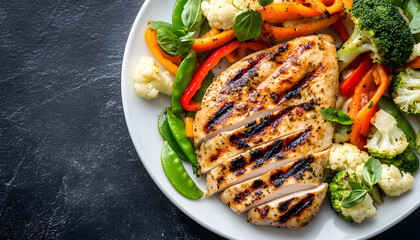 plate of grilled chicken with vegetables on dark background, top view