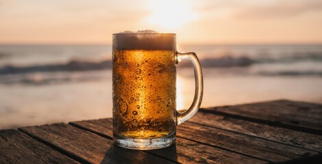 A golden beer glass on a rustic wooden table, sunset glow, visible bubbles, soft waves in the background