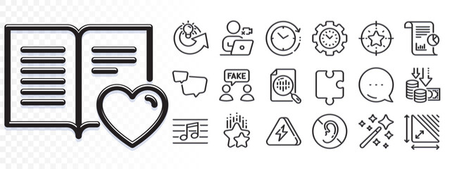 Love book, Lightning bolt and Triangle area line icons for web app. Glare of light effect. Message icon. Pack of No hearing, Deflation, Magic wand pictogram icons. Vector