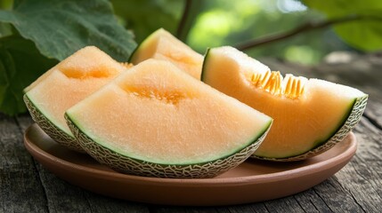 Fresh Cantaloupe Slices on Wooden Table Surrounded by Green Leaves