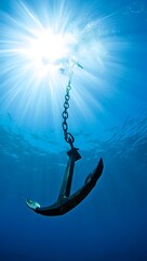 Underwater Anchor Chain Sunbeams Deep Ocean Blue deep sea