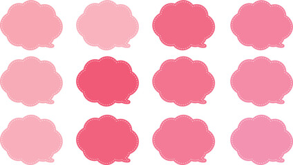 ピンクの暖色系の１２色の吹き出しセット。吹き出しの内側に白い破線がある。