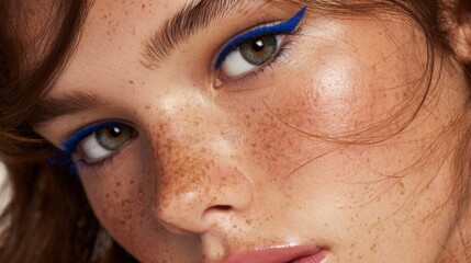 Fototapeta premium Glamorous close-up of a freckled model with electric blue winged eyeliner sharp and striking against her glowing skin.