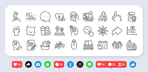 Volunteer, Cursor and Teacher line icons pack. Social media: share, comment, like icons. Notification calendar, Time management, Cardio training web icon. Vector