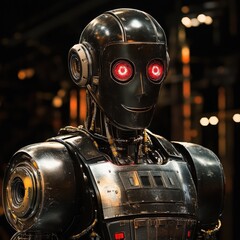 Fototapeta premium Dark, futuristic robot portrait. Sci-fi aesthetic. Ideal for tech, gaming, and industrial projects.