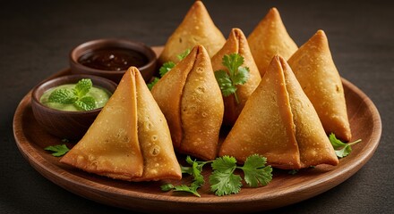 Crispy golden brown samosas served with mint chutney and tamarind sauce on a wooden plate