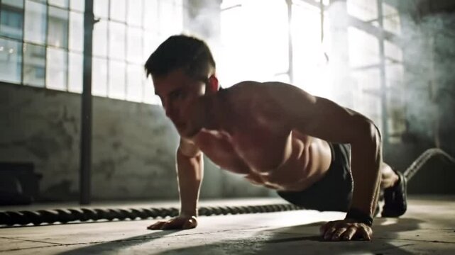 Shirtless man doing pushups in a gym with battle ropes and bright window light , video 