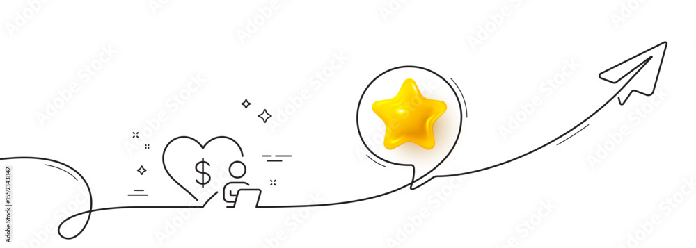 Poster volunteer care line icon. continuous line with share plane. online charity sign. donation service sy