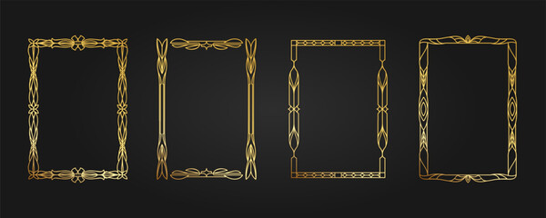 Golden vector frame template a4 paper. Set of golden frames with abstract geometric pattern, ornament. Isolated border for decor, printing, advertising, polygraphy, flyer, certificate, award, diploma.