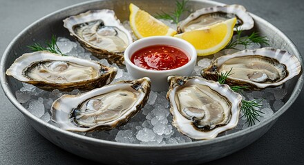 Freshly Opened Oysters Served on Ice With Lemon and Cocktail Sauce