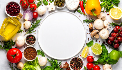 Vegetables, mushroom, beans and spices for healthy cooking; ingredients layout