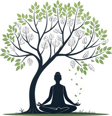 Clean Vector Illustration of a Person Meditating Under a Tree in Simple Line Art Style

