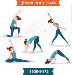 Vector Infographic of 5 Basic Yoga Poses for Beginners – Flat Illustrated Guide to Wellness

