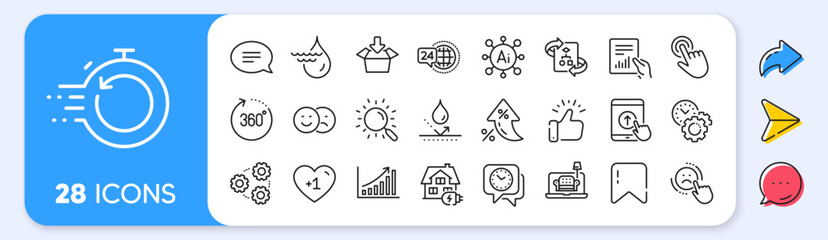 Furniture, Time management and Waterproof line icons. Interest rate, AI generate, Inflation icons. Pack of Hydroelectricity, 360 degrees, 24h service icon. Search, Graph chart, Like pictogram. Vector