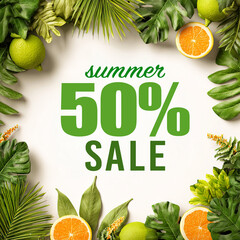 Social media image of a 50% summer sale, surrounded by fruit and botanical elements.