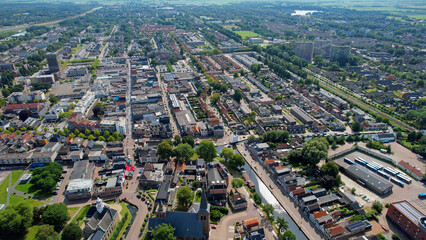Aerial view of the old town of the city Heerenveen in the Netherlands on a sunny day in summer	