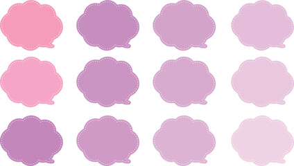 ピンクと紫の暖色系の１２色の吹き出しセット。ふきだしの内側には白い破線で囲まれている。