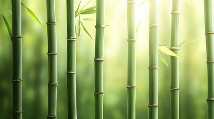 Lush Green Bamboo Stalks with Gentle Light Filtering Through Leaves