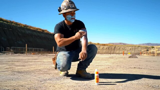 Construction worker applying sunscreen on his arm while squatting on construction site , video 