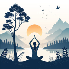 International Yoga Day Vector Illustration with Rising Sun and Serene Nature in Flat Isometric Style

