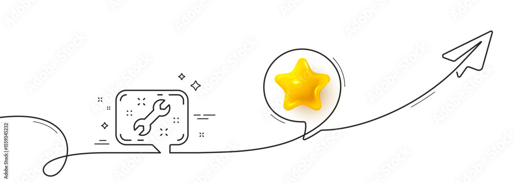 Poster spanner tool line icon. continuous line with share plane. repair service chat sign. fix instruments 