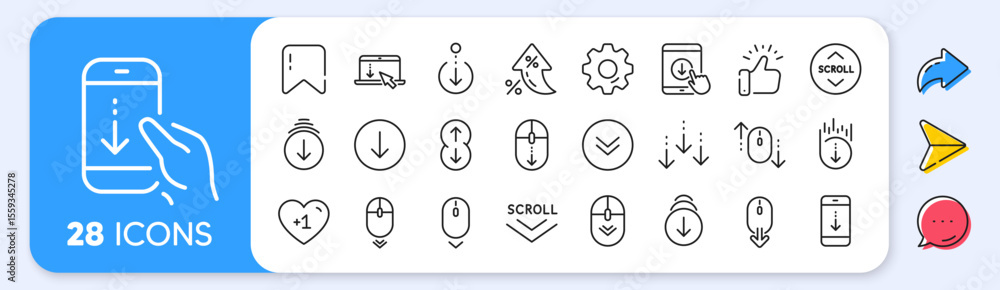 Aufkleber scroll down line icons. interest rate, ai generate, inflation icons. scrolling mouse, landing page s
