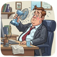 Man struggling with intense office heat, using a small fan for relief at his workstation. Summer weather discomfort and need for air conditioning.