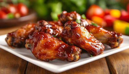 plate of chicken wings on wooden table