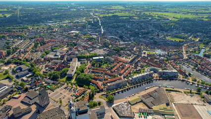 Aerial view of the old town of the city Meppel in the Netherlands on a sunny day in summer	