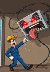 A man, a technician, confronts a monstrous air conditioner showing a malfunction. Cartoon illustration for air conditioning repair and summer heat issues.
