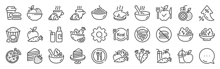 Meal line icons. Settings gear, Message, Inflation icons. Vegatable dish, poke bowl food and healthy salad set. Pizza, pasta spaghetti bowl and burger line icons. Vector
