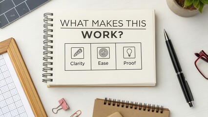 Creative Workspace Illustration Featuring Clarity, Ease, and Proof Concepts
