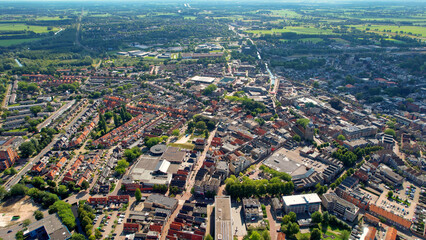 Aerial view of the old town of the city Meppel in the Netherlands on a sunny day in summer	