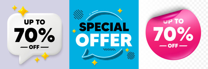 Discount tag speech bubble. 3d sparkles chat, Paper sticker. Up to 70 percent off sale. Discount offer price sign. Special offer symbol. Save 70 percentages. Special offer bubble. Vector