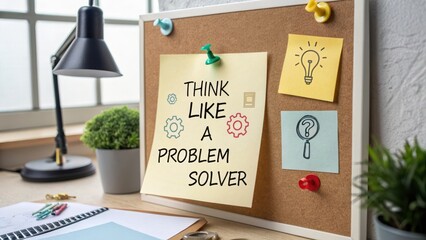 Creative workspace with inspirational notes and problem-solving message