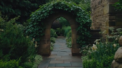 Obraz premium Peaceful Garden Pathway with Archway Surrounded by Lush Foliage