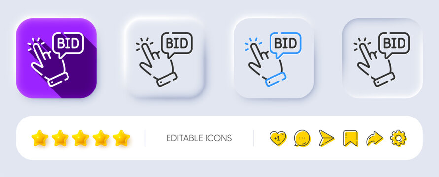 Bid offer line icon. Neumorphic, Flat shadow, 3d buttons. Auction sign. Raise the price up symbol. Line bid offer icon. Social media icons. Vector