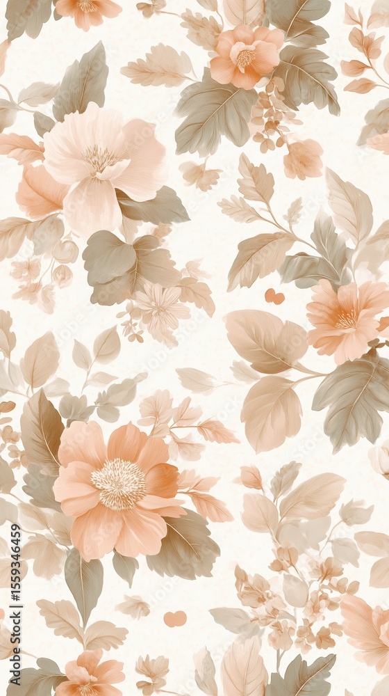 Poster floral pattern design featuring soft peach and green tones with intricate leaf arrangements on a lig