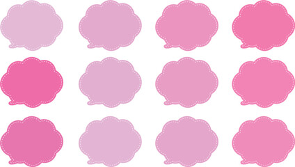 ピンクと紫の暖色系の１２色の吹き出しセット。ふきだしの内側には白い破線で囲まれている。