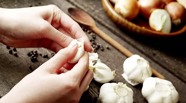 Peeling Fresh Garlic Cloves on Rustic Wooden Kitchen Table