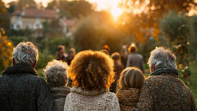 A diverse group of older adults and friends stand together in a garden, watching a warm autumn sunset in a peaceful setting.
