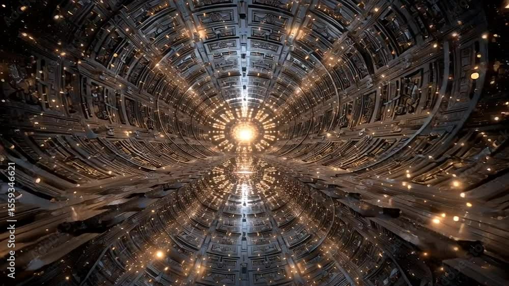 Poster glowing city lights pulse across a futuristic skyline reflected in a large circular mirror creating 