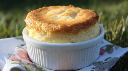 Fluffy Cheese Soufflé Baked to Perfection in a White Ramekin