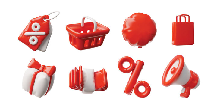 Red 3D Black Friday sale icons, percent sign, shopping cart, gift box, megaphone, stack of money.