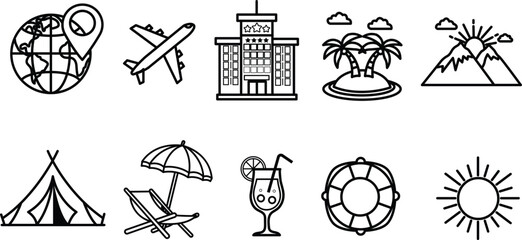 Set of summer travel icons. Holiday tour symbols for applications and websites featuring hotel, sun, camp, mountain, drink, plane, and island. Available in transparent PNG and vector formats.

