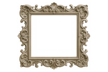 Ornate silver baroque style rectangular picture frame with intricate scrollwork isolated on transparent background