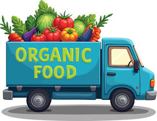 Organic food delivery truck with fresh vegetables and fruits for healthy eating concept cartoon vector