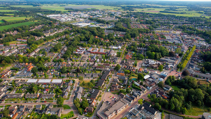 Aerial view of the old town of the city Oosterwolde in the Netherlands on a sunny day in summer	