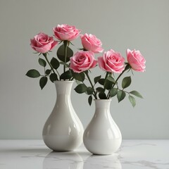 Blushing Elegance: Pink Roses in Serene Vases