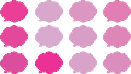 ピンクと紫の暖色系の１２色の吹き出しセット。ふきだしの内側には白い破線で囲まれている。